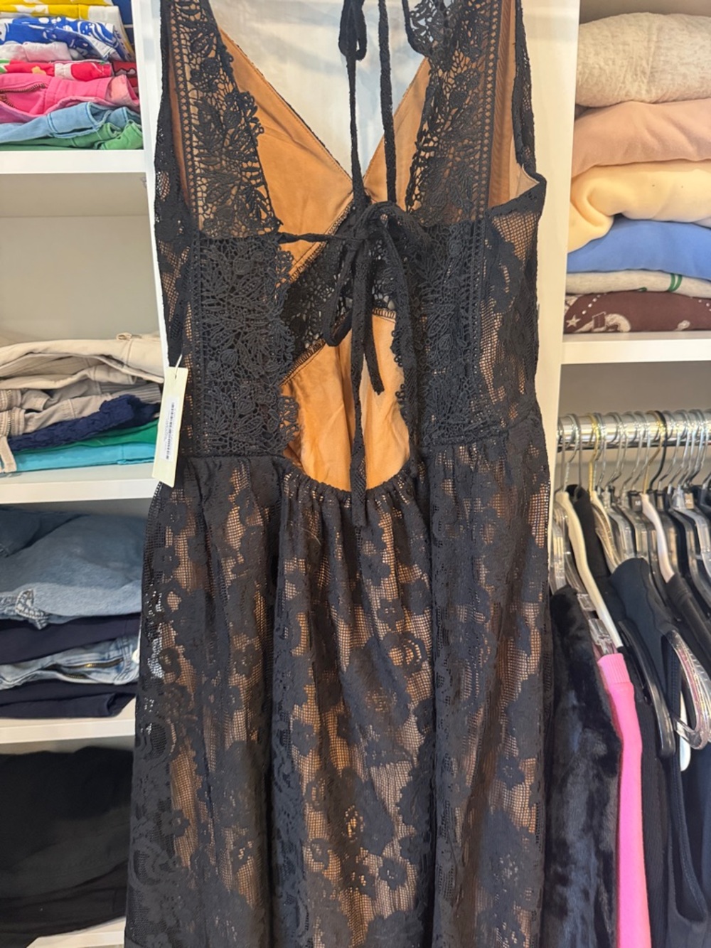 Joyfolie Black Lace High-Low Dress with Tan Underskirt - Picture 5 of 9